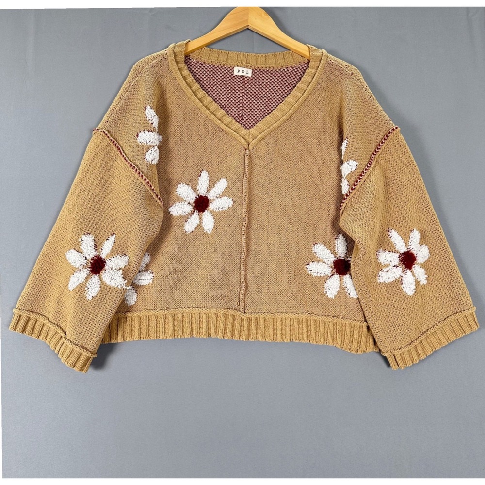 POL Daisy Floral Knit Oversized V-Neck‎ Sweater Tan Brown Small Boho